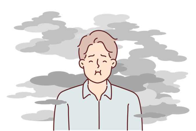 Man stands in smoke and tries to hold breath  Illustration