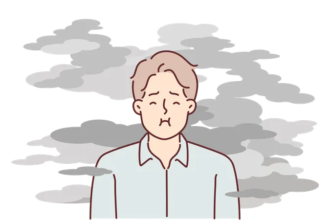 Man stands in smoke and tries to hold breath  Illustration