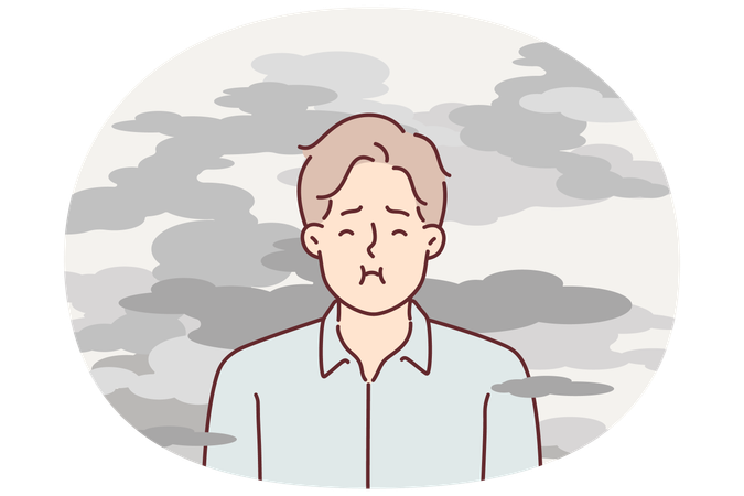 男性は煙の中に立ち、有害物質が肺に入るのを避けるために息を止めようとしている  イラスト