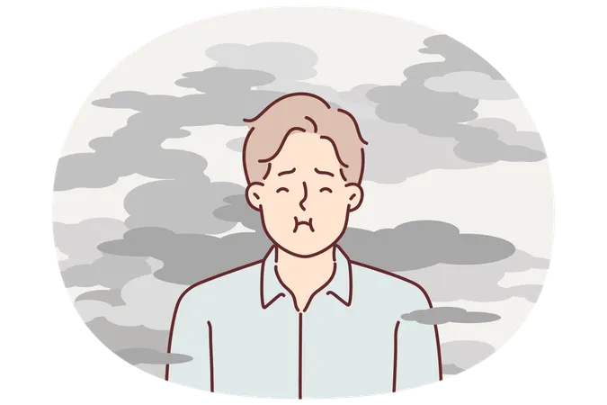 男性は煙の中に立ち、有害物質が肺に入るのを避けるために息を止めようとしている  イラスト