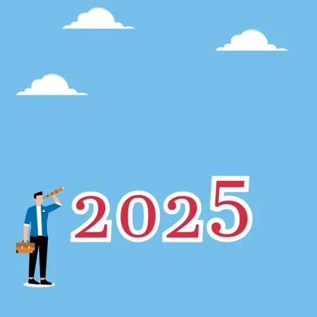 Man stands near 2025 and looks through binoculars  Illustration