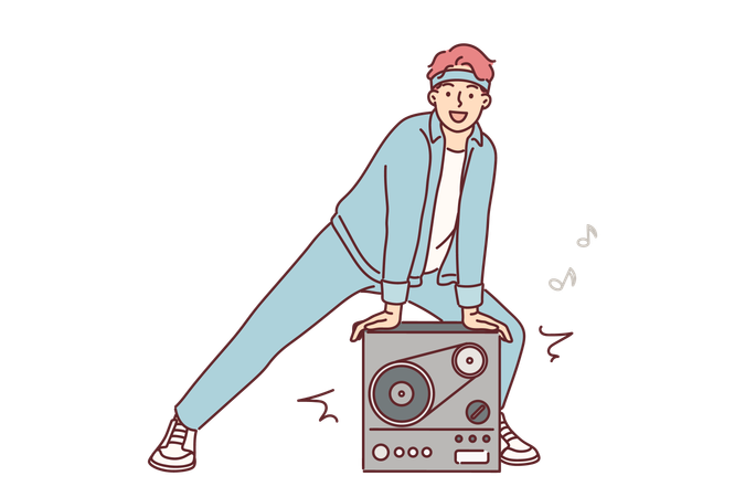 Man stands near retro tape recorder for playing music from tape  Illustration