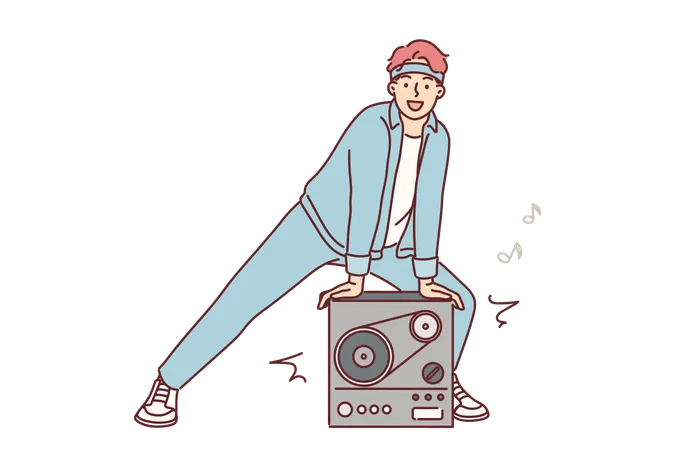 Man stands near retro tape recorder for playing music from tape  Illustration
