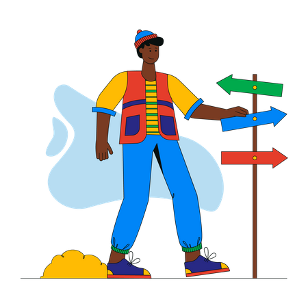 Man stands near signpost and chooses travel route in mountains Illustration