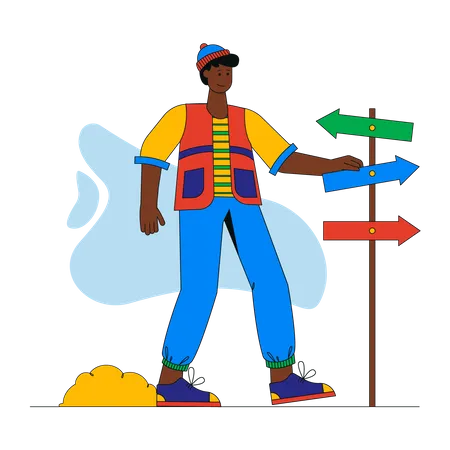 Man stands near signpost and chooses travel route in mountains Illustration