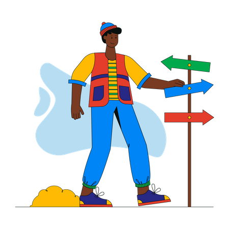 Man stands near signpost and chooses travel route in mountains  Illustration