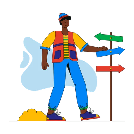 Man stands near signpost and chooses travel route in mountains  Illustration