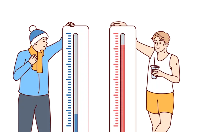 Man Stands Near Thermometers Showing Different Temperatures And Feels Heat Or Cold In Different Countries Giant Thermometers Near Happy Guys For Magazine With Meteorological Forecasts Illustration