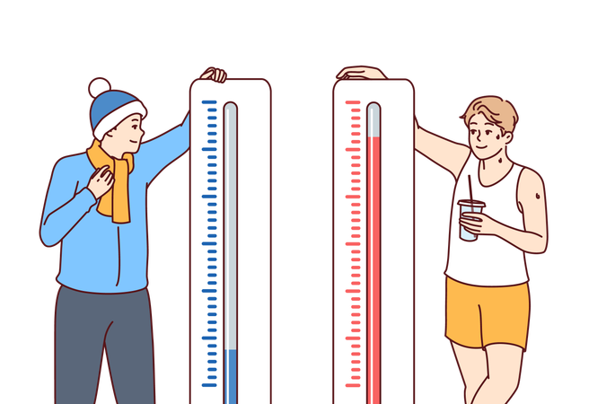 Man stands near thermometers showing different temperatures and feels heat or cold  Illustration