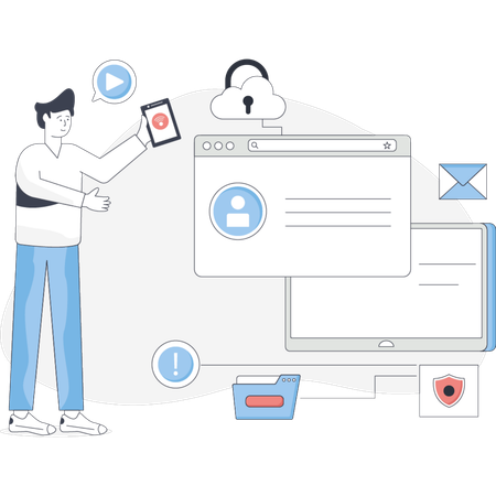Man stands next to a computer holding a phone in his hand appearing engaged in a conversation or task  Illustration
