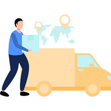 Man stands next to delivery truck with parcel in hand  Illustration