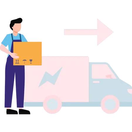 Man stands next to truck carrying parcel  Illustration