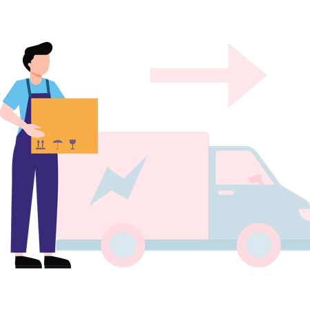 Man stands next to truck carrying parcel  Illustration