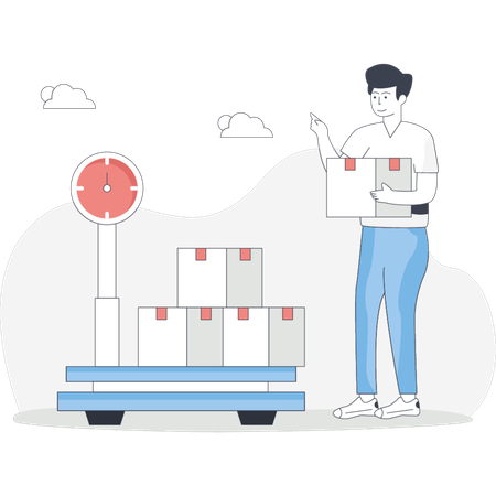 Man stands on a scale balancing boxes placed on it measuring weight  Illustration