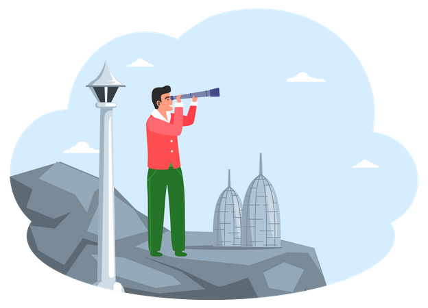 Man stands on gray mountain and looks through telescope Illustration