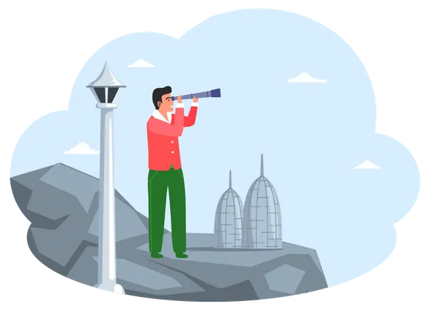 Man stands on gray mountain and looks through telescope  Illustration
