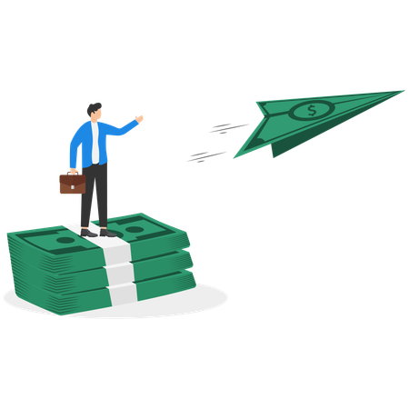 Man stands on high pile of money  Illustration