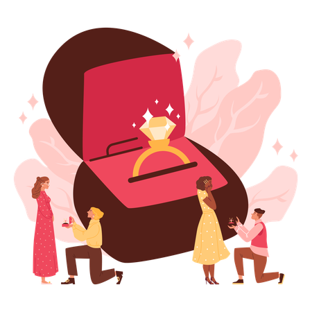 Man stands on knee marriage proposing to woman  Illustration