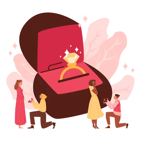 Man stands on knee marriage proposing to woman  Illustration