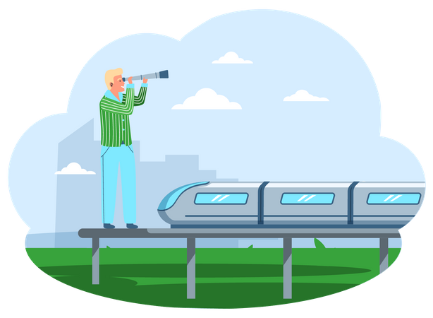Man stands on platform of modern railway Illustration
