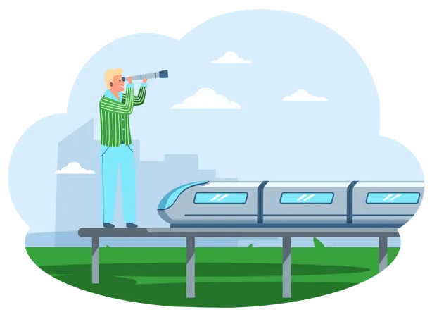 Man Stands On Platform Of Modern Railway With High Speed Train And Looks Through Telescope Guy On Excursions In South Korea Person Traveler Is Resting Against Sky And Nature Welcome To Busan City Illustration