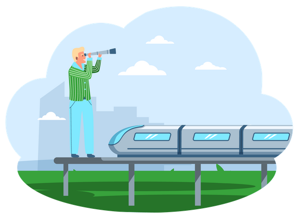 Man stands on platform of modern railway  Illustration