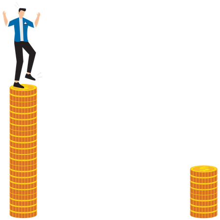 Man stands on tall pile of gold coins looking at another pile at bottom  Illustration