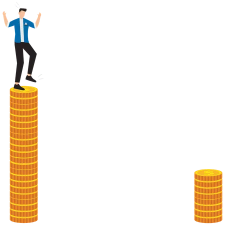 Man stands on tall pile of gold coins looking at another pile at bottom  Illustration