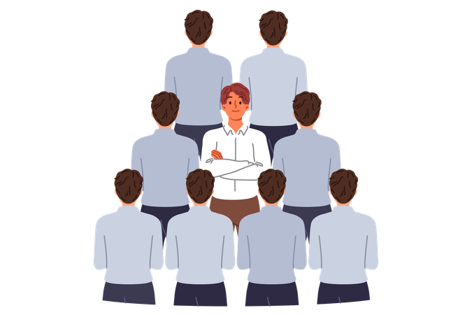 Man stands out from crowd of business colleagues due to individuality or better professional skills  Illustration