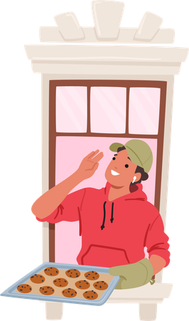 Man stands proudly by a window with cookies tray  イラスト