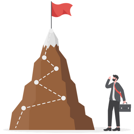 Man stands to look at the flag on top of the mountain  Illustration