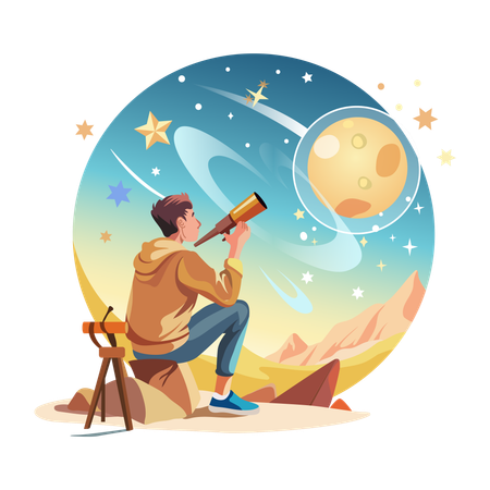 Man Stargazing with telescope  Illustration