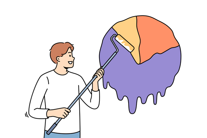 Man statistician draws infographic from chart to visualize business data using painter roller  Illustration