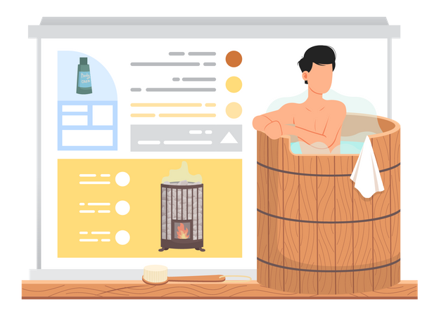 Man steaming in wooden tub Illustration