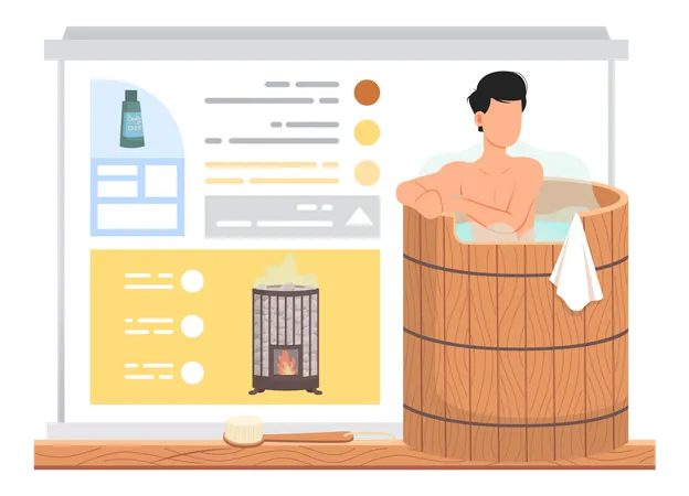 Man steaming in wooden tub  Illustration