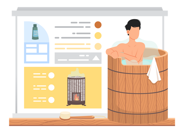 Man steaming in wooden tub  Illustration