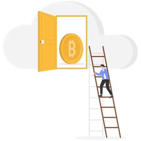 Man step up on ladder for bitcoin profit  Illustration