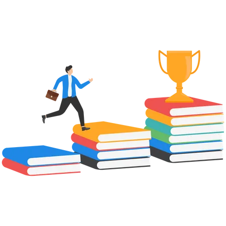 Man Stepping On A Pile Of Books To Get A Trophy Education Level Concept Colored Flat Graphic Vector Illustration Isolated Illustration