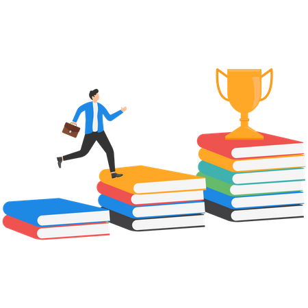 Man stepping on a pile of books to get a trophy  Illustration