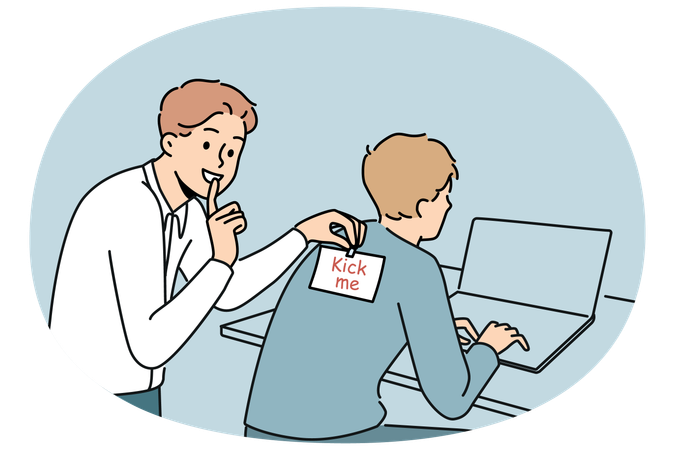 Man sticks kick me sticker on back of colleague working with laptop to make prank and laugh  Illustration