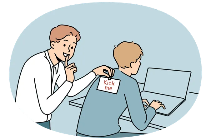 Man sticks kick me sticker on back of colleague working with laptop to make prank and laugh  Illustration