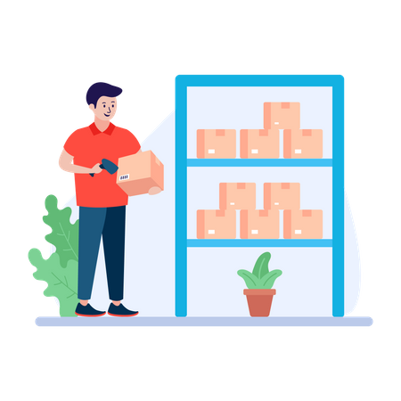 Man storing packages and scanning them using barcode scanner  Illustration