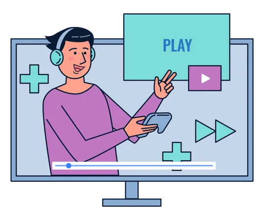 Man streaming live game playing Illustration