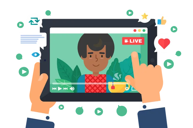 Male Web Streamer Concept Illustration Afroamerican Blogger Live Stream On Display Top View Man Watching Online Broadcast Tablet In Hands Semi Flat Cartoon Drawing Vector Isolated Color Icon イラスト
