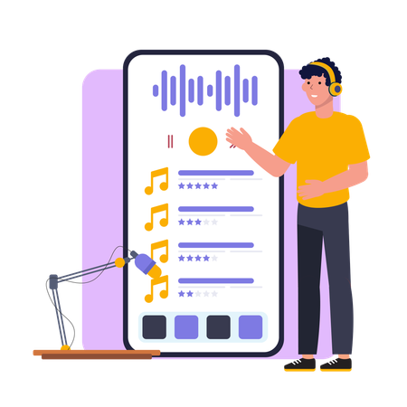 モバイルを使用してポッドキャストをストリーミングする男性  イラスト