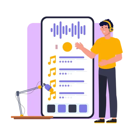 モバイルを使用してポッドキャストをストリーミングする男性  イラスト
