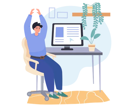 Man stretching arms while working in office  イラスト