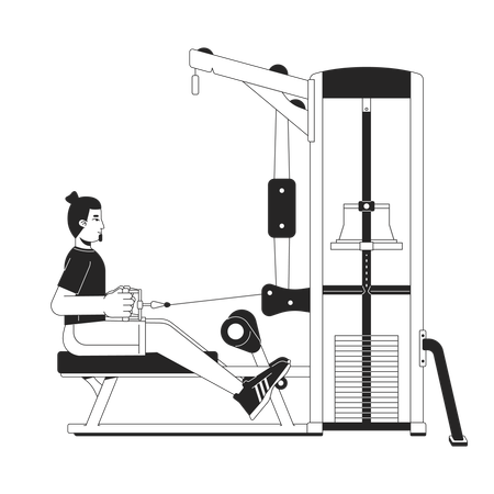 Man stretching cable on seated row machine  イラスト