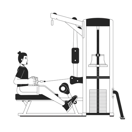 Man Stretching Cable On Seated Row Machine Flat Line Black White Vector Character Editable Outline Full Body Person Improving Posture Simple Cartoon Isolated Spot Illustration For Web Design Illustration