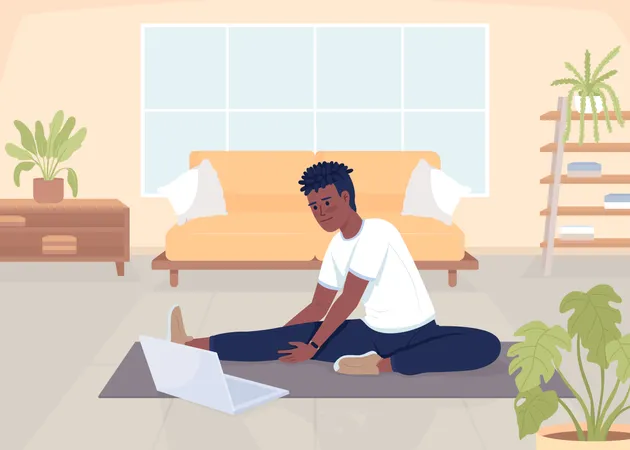 Man Stretching Legs Flat Color Vector Illustration Sportsman Streaming Domestic Training Video Blogger Exercising Fully Editable 2 D Simple Cartoon Character With Living Room On Background イラスト